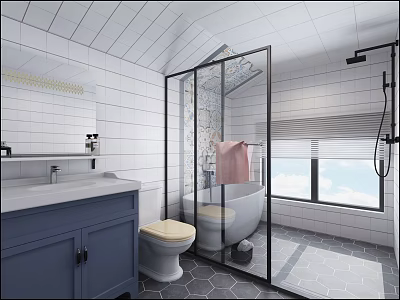 Spacious Bright Modern White Tiled Bathroom With Glass Shower Freestanding Tub And Blue Vanity Cabinet 3d model