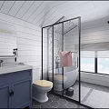 Spacious Bright Modern White Tiled Bathroom With Glass Shower Freestanding Tub And Blue Vanity Cabinet