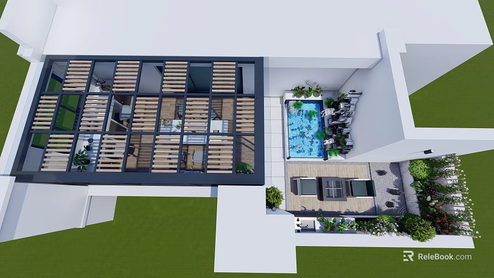 Modern Garden Landscape Design With Swimming Pool Green Plants And Outdoor Seating 3d model 