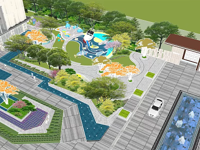 Landscaped Garden Design with Water Features Trees Winding Paths and Colorful Greenery 3d model