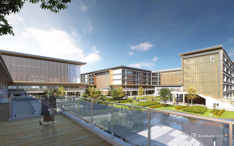 Modern School Buildings Surrounded By Greenery And Open Plaza Under Blue Sky With Glass Railings 3d model 