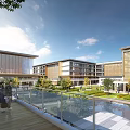 Modern School Buildings Surrounded By Greenery And Open Plaza Under Blue Sky With Glass Railings