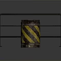 Black Metal Safety Barrier And Weathered Barrel With Yellow Black Stripes