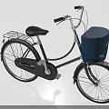 Vintage Dark Colored Bicycle With Blue Mesh Basket And Rear Metal Rack