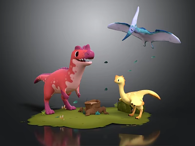 Cartoon Dinosaur Characters Pink T Rex Yellow Small Dino And Blue Pterodactyl On Green Grassland 3d model