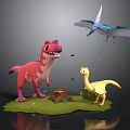 Cartoon Dinosaur Characters Pink T Rex Yellow Small Dino And Blue Pterodactyl On Green Grassland