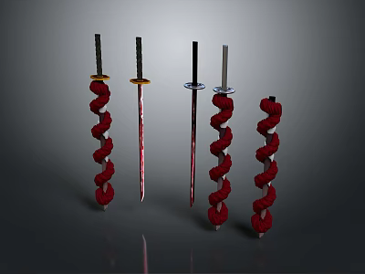 Five Decorative Knives With Red Spiral Handles And Metallic Blades Against Grey Gradient Background 3d model