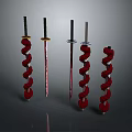 Five Decorative Knives With Red Spiral Handles And Metallic Blades Against Grey Gradient Background