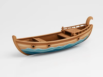 Handcrafted Wooden Boat Model With Blue Wave Patterns And Detailed Wooden Deck 3d model