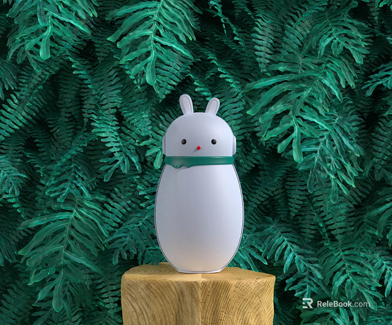White Rabbit Shaped Daily Electrical Appliance Placed On Wooden Stump With Green Fern Plants 3d model 