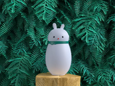 White Rabbit Shaped Daily Electrical Appliance Placed On Wooden Stump With Green Fern Plants 3d model