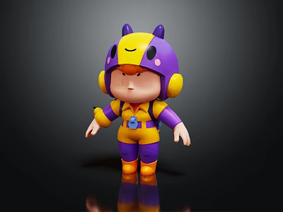 Cartoon 3D Character With Purple Yellow Outfit Horned Creature Helmet Pink Accents And Orange Boots 3d model