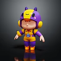 Cartoon 3D Character With Purple Yellow Outfit Horned Creature Helmet Pink Accents And Orange Boots