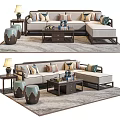 Stylish Sofa Coffee Table Combination With Decorative Pillows Side Table Lamp And Rug 3d model