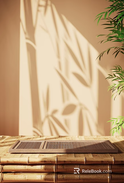 E-commerce Booth Display With Plant Shadow On Beige Wall And Wooden Table Top 3d model 