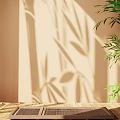 E-commerce Booth Display With Plant Shadow On Beige Wall And Wooden Table Top 3d model