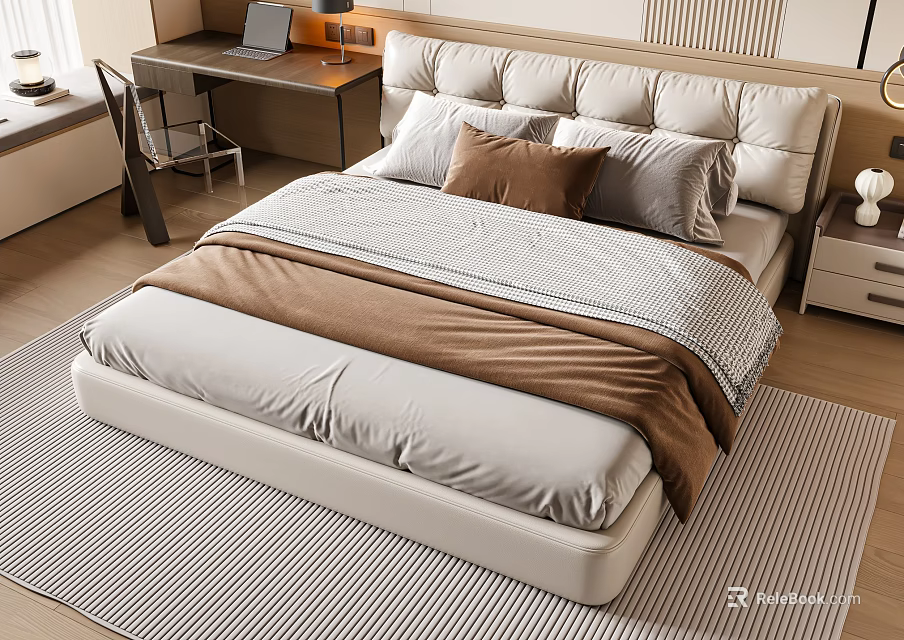 Modern Double Bed with Upholstered Headboard Plush Pillows and Striped Bedding in Cozy Bedroom 3d model 