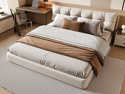 Modern Double Bed with Upholstered Headboard Plush Pillows and Striped Bedding in Cozy Bedroom 3d model