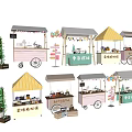 Colorful Mobile Functional Food Carts With Various Canopies And Food Signs