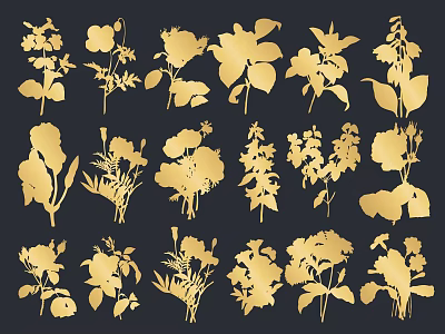 Golden Botanical Silhouettes Of Various Flowers And Plants On Black Background 3d model