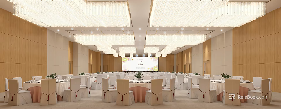 Modern Banquet Hall with Crystal Chandeliers White Chairs Red Sashes Round Tables and Large Screen 3d model 