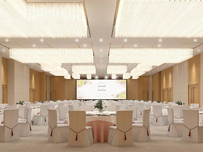 Modern Banquet Hall with Crystal Chandeliers White Chairs Red Sashes Round Tables and Large Screen 3d model