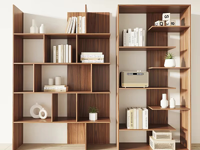 Wooden Shelving Units With Open Compartments Holding Books Vases Small Plants And Radio 3d model
