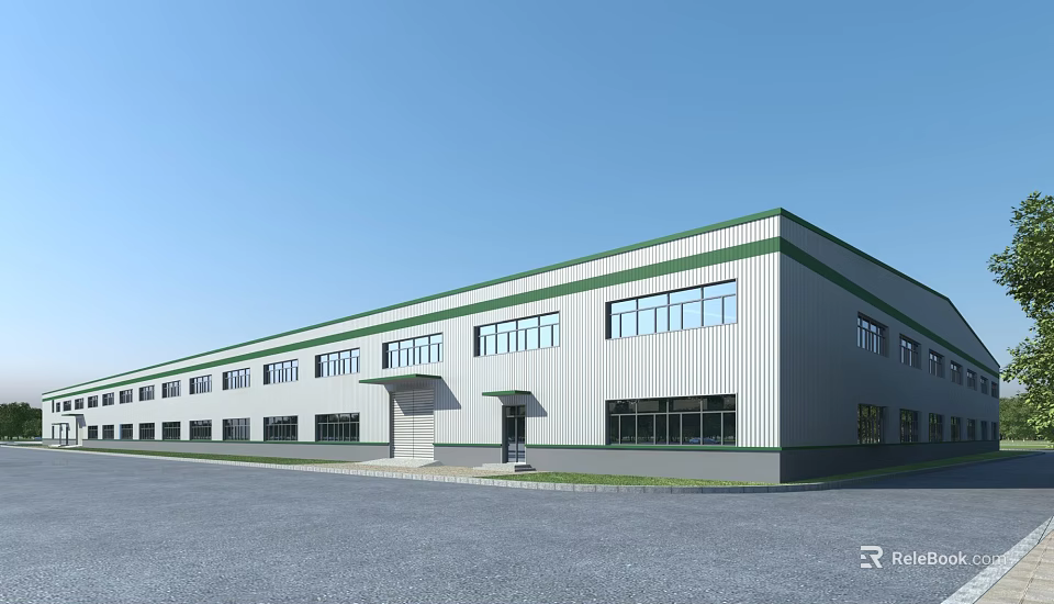 Modern Industrial Factory Building with White Exterior Green Trim Large Windows and Spacious Parking Area 3d model 