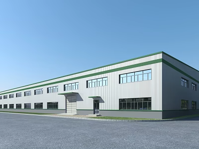 Modern Industrial Factory Building with White Exterior Green Trim Large Windows and Spacious Parking Area 3d model