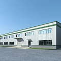 Modern Industrial Factory Building with White Exterior Green Trim Large Windows and Spacious Parking Area