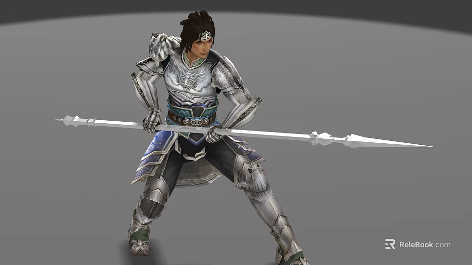 Brave Warrior Man in Shiny Armor Holding Long Spear Ready for Battle Stance 3d model 