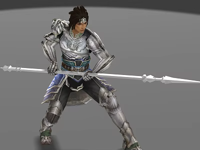 Brave Warrior Man in Shiny Armor Holding Long Spear Ready for Battle Stance 3d model