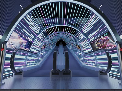 Futuristic Elevator Interior Design Featuring Colorful Illuminated Lighting And Digital Screens 3d model