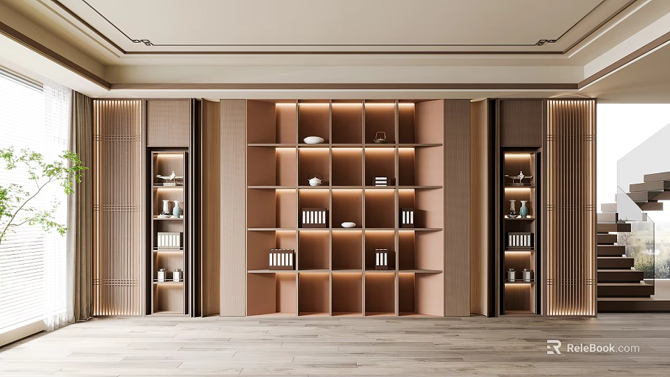 Modern Minimalist Decorative Cabinet With Open Shelves Built-in Lighting And Displayed Books Decorations 3d model 