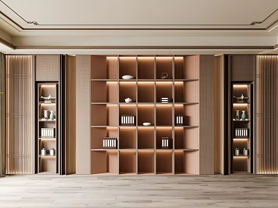Modern Minimalist Decorative Cabinet With Open Shelves Built-in Lighting And Displayed Books Decorations 3d model