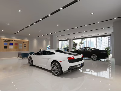4S Car Showroom Featuring White Sports Car Black Sedan And Bright Modern Interior 3d model