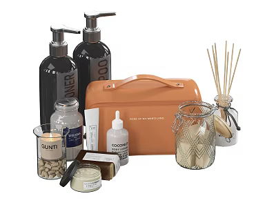 Stylish Bathroom Accessory Set With Black Soap Dispensers Orange Handbag Reed Diffusers And Candles 3d model