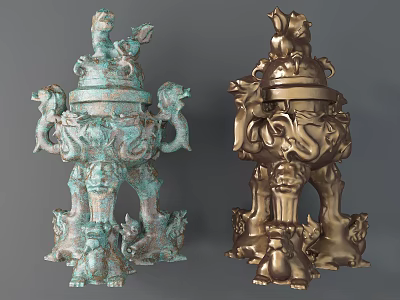 Traditional Bronze Sculpture Carving With Dragon Animal Motifs And Intricate Base Design 3d model