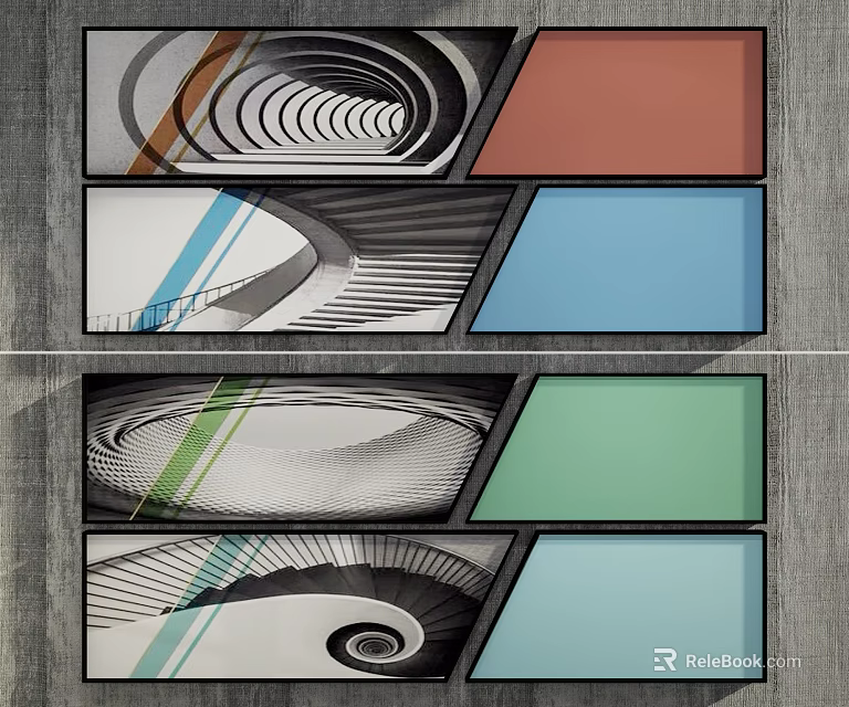 Abstract Geometric Artwork With Spiral Patterns Colorful Square Panels And Black White Lines 3d model 