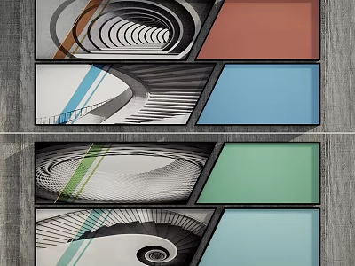Abstract Geometric Artwork With Spiral Patterns Colorful Square Panels And Black White Lines 3d model