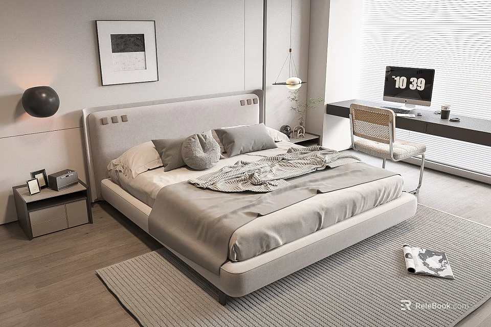 Modern Minimalist Double Bed Bedroom Interior With Upholstered Headboard Cozy Bedding And Wooden Floor 3d model 