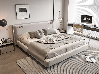 Modern Minimalist Double Bed Bedroom Interior With Upholstered Headboard Cozy Bedding And Wooden Floor 3d model