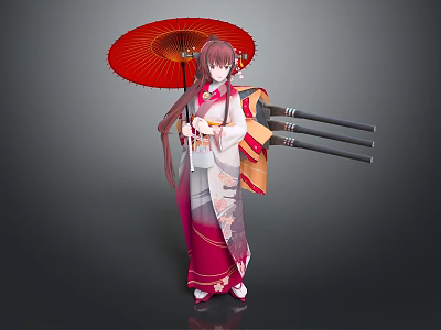 Female Character In Traditional Outfit Holding Red Umbrella With Three Swords Behind Back 3d model