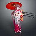 Female Character In Traditional Outfit Holding Red Umbrella With Three Swords Behind Back