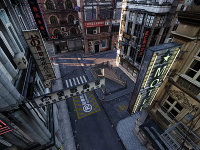 Traditional Commercial Street With Chinese Signs Yellow Road Markings And Neon Lights At Intersection 3d model