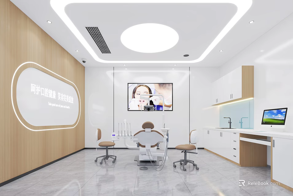 Modern Dental Clinic Interior With Dental Chair Display Screen And Cabinets 3d model 