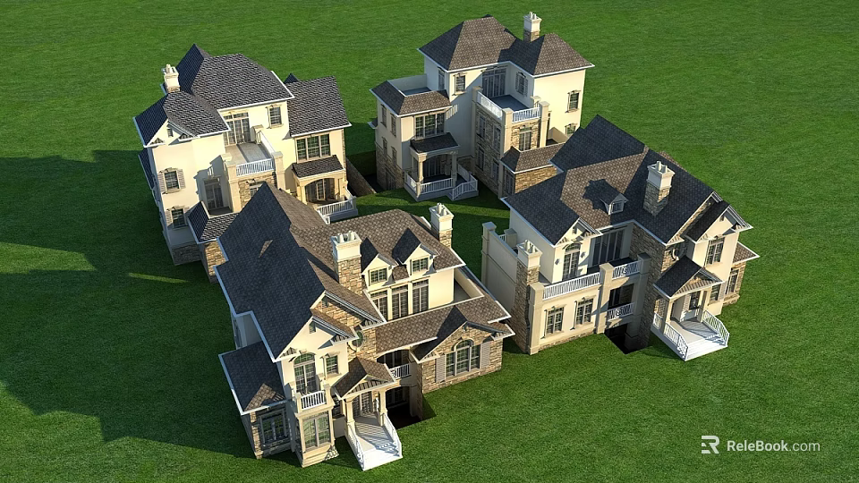 Luxurious Detached Single Family Houses On Green Lawn With Multiple Roofs And Porches 3d model 