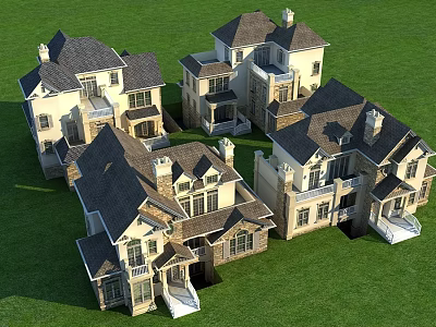 Luxurious Detached Single Family Houses On Green Lawn With Multiple Roofs And Porches 3d model