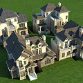 Luxurious Detached Single Family Houses On Green Lawn With Multiple Roofs And Porches