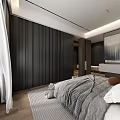 Modern Bedroom Interior Design With Dark Wood Headboard King Bed Area Rug And White Curtains